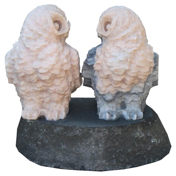 Eulen Pärchen, Marmor rötlich auf Steinsockel, 047, teilgeschliffen, H=15-17 cm (Stück)