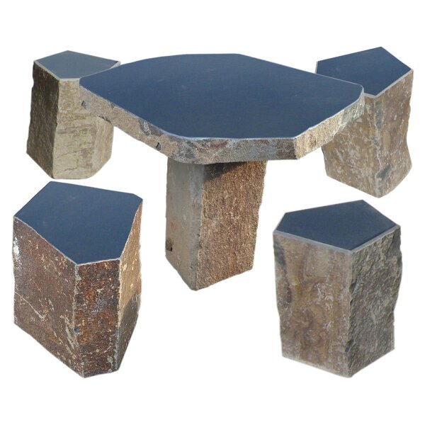 Sitzgruppe, Basat schwarz, teilpoliert, mit Naturkruste, sonst spaltrauh, inkl. 4 Hockern, 507, teilpoliert, D=100-120, H=75 cm (5 Teile/Set)