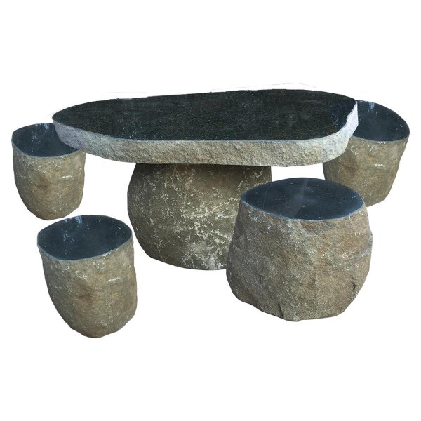 Sitzgruppe, Granit schwarz, teilpoliert, mit Naturkruste, sonst spaltrauh, inkl. 4 Hockern, 874, teilpoliert, L=120-130, H=75 cm (5 Teile/Set)