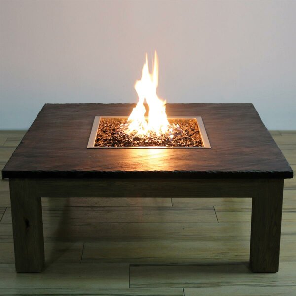 Gas Feuerstelle Colima mit Schiefer Tischplatte & Weidenholz-Gestell